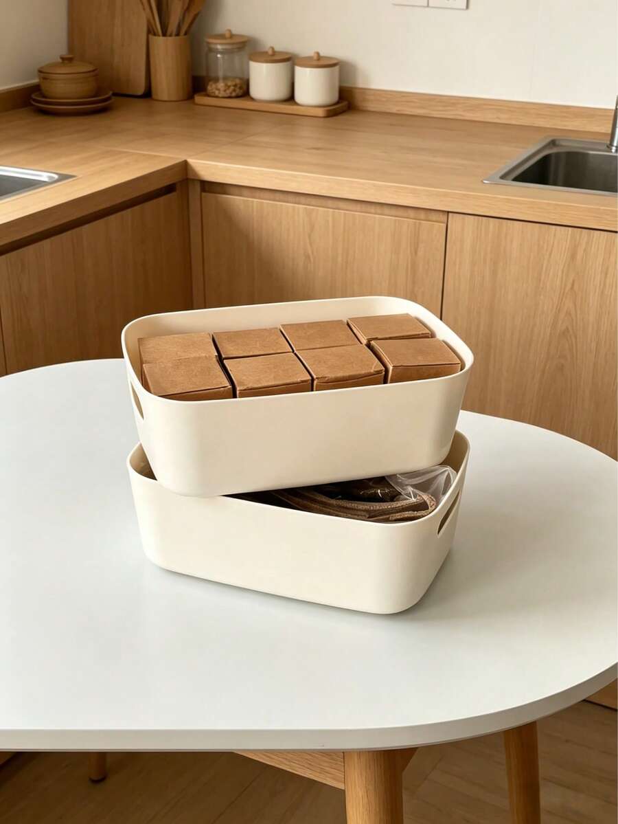 Stackable White Plastic Storage Basket With Integrated Handle, Minimalist Design, Nestable For Space Saving, Made Of Durable PP Material With Smooth Rounded Edges, Lightweight Yet Sturdy, Easy To Clean, Multipurpose For Cosmetics, Bathroom, Bedroom, Kitchen, Office, Toys, Snacks And Home/Apartment Organization