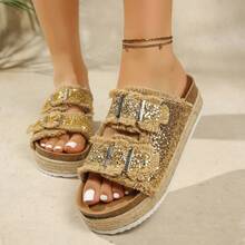 Women's New Thick Sole Slide Sandals, Bohemian Style Versatile Beach Shoes, Fashionable Tassel Vacation Casual Slippers For Summer - Gold - View 11