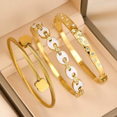 3pcs/Set Stainless Steel Women Bracelet Set, White Enamel Oval Chain Layered Wear Singly Or Stacked, 18K Gold Plated, Skin-Friendly, Suitable For Bathing, Swimming, Daily, Commute, Date, Vacation
