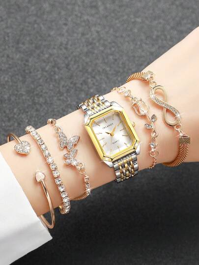 6pcs/Set Women's Fashion Casual Square Dial Elegant Quartz Wrist Watch + Bracelet (Watch Not Included)