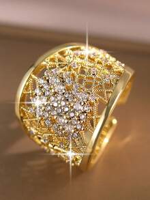 1 pièce Bague ouvrable unique et exquise avec lignes géométriques multiples ajourées, cubic zirconia cubique noir. Bague de fiançailles à la mode pour la mariée, le mariage, les déplacements quotidiens, cadeau pour la fête des mères - jaune doré - blanc - Voir 7