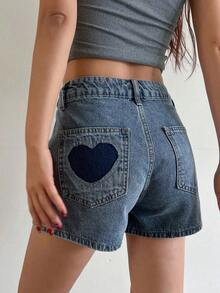 Short Vaquero Mujer Gris Oscuro Desgastado, Cintura Alta Entallada Moldeadora De Cadera, Diseño De Bolsillo Trasero Con Corte En Forma De Corazón, Tejido Vaquero Resistente Texturizado Desgastado, Corte Ajustado Que Resalta La Silueta, Estilo Dulce Sensual Y2K Ideal Para Uso Diario, Verano Y Looks Urbanos Modernos - Azul - Ver 3