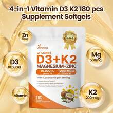 VivoNu Vitamin D3 K2 10,000  Magnesium Supplement – 4-In-1 With Vitamin D And K -7), Magnesium Glycinate & Zinc Citrate – 180 Softgels For Energy, Bone* & Muscle* Support* - 1袋 - 查看 5