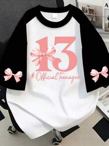 Digital Bow Print Raglan T-Shirt, Plus Size Women's Summer Casual Colorblock Top, Suitable For Summer Holiday, Beach, Vacation, Spring, Valentine's Day, Carnival, Daily Wear, Outing, Picnic, Festival, Beach, Party, Birthday, Beach, Gathering, Dance, School, Music Festival, Vacation, Commute, Fitness, Wedding, New Year, Spring Top, Women's Summer Outfit, Women's Festival Clothing - Multicolor - View 1