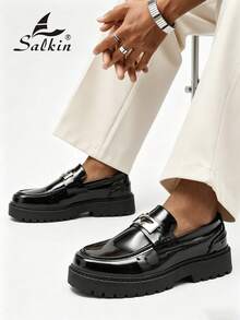 Salkin 極簡英風設計男士一腳蹬樂福鞋，復古皮革鞋，現代生活平價奢華，柔軟舒適圓頭正式正裝鞋，優雅紳士商務漆皮亮面黑色純色鞋面，防滑耐磨厚底增高鞋底，男士休閒日常鞋，情侶約會出遊百搭派對宴會婚禮新郎鞋，社交鞋，節日禮物，春夏秋 - 黑色 - 查看 8