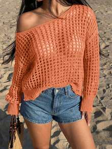 Suéter holgado y casual con diseño calado de manga larga, adecuado para usar en vacaciones de otoño y verano - Naranja - Ver 2