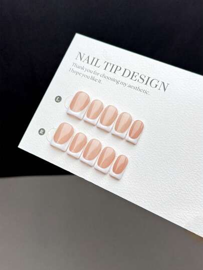 10 Pieces Of Purely Handmade Press-On Nail Tips, Featuring Short Square Nail Shapes, A Simple And Classic Style, Smooth And Glossy Bright-Finish Nail Tips, With A Nude Base Color Paired With Hand-Painted White French Tips, Suitable For Daily Wear By Women And Girls, Comes With A Nail Kit.