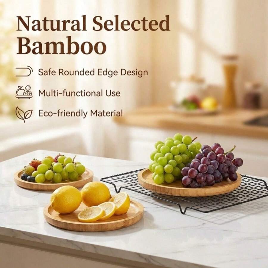 耐用胡桃木色竹木圆形托盘，符合人体工学的日式茶盘，适用于盛放干果、开胃菜和烧烤的重型餐盘 - 杏色 - 查看 1