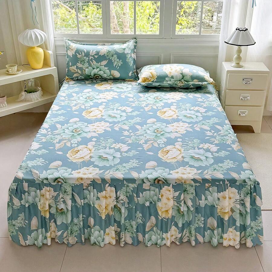 1 chiếc ga phủ giường bằng polyester in hoa, mềm mại và thân thiện với da, kiểu dáng xếp ly công chúa, ấm cúng và lãng mạn, thiết kế dây chun co giãn ôm sát nệm, phù hợp cho phòng ngủ, phòng khách, ký túc xá, giường đơn, trang trí phòng, sử dụng được quanh năm, có thể giặt máy. - Nhiều màu - Xem 1