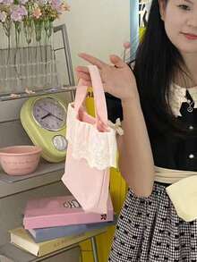 返校季韩版小众设计可爱俏皮蕾丝边手提包，时尚简约通勤托特包，休闲通勤简约钱包 - 粉色 - 查看 3