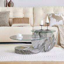 Modern Minimalist Coffee Table Made Of Safety Glass, Two-Tiered, Round Marble-Effect Top, MDF Base, Grey Marble-Effect Stickers. Various Colors Available. - 灰色的 - 查看 4