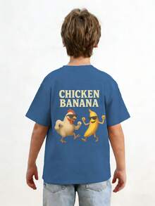 Young Boy Casual Graphic Print Crew Neck Short Sleeve T-Shirt, Summer Top - Teal Blue - View 2