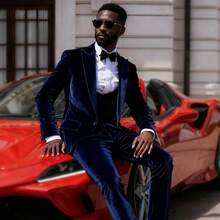 Men's Luxury Velvet 3-Piece Suit, Satin Lapel Blazer, Waistcoat & Dress Pants Set For Evening Gala Party - 寶藍色 - 查看 1