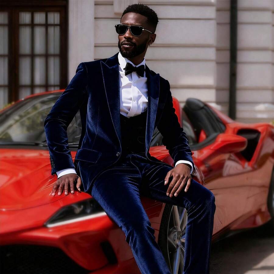 Men's Luxury Velvet 3-Piece Suit, Satin Lapel Blazer, Waistcoat & Dress Pants Set For Evening Gala Party - 寶藍色 - 查看 1