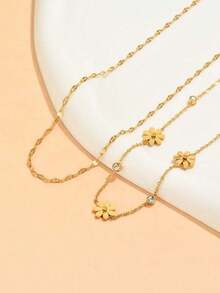 2pcs Fashion Charming Rhinestone Daisy Stainless Steel Women Necklaces - Silver - View 5