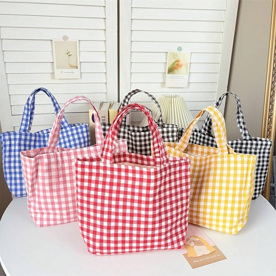 Women's Tote Bag - Plaid Series, Fresh And Portable Lunch Bag, Large Capacity Shopping Bag, Simple And Stylish Handbag For Moms And Students, Casual Bag For Strolls, Shoulder Bag, Versatile Daily Item, Suitable For Commuting To Work And School, Shopping And Strolling - 紅色網格 - 查看 1