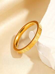 1 pieza Anillo de aro con trébol de cuatro hojas chapado en oro de 18K de acero inoxidable, resistente al agua y a la decoloración, adecuado para uso diario de mujeres, regalos festivos, fiestas y banquetes - Dorado - Ver 5