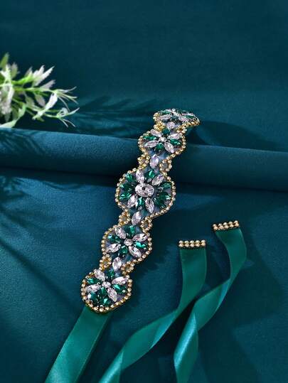 1pc Elegant Emerald Rhinestone Wedding Belt, Summer Waist Sash, Luxury Decorative Accessory For Wedding Guests Bridesmaids
