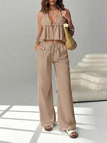 2 piezas Conjunto casual de vacaciones para mujer con top halter sin espalda y pantalones en color caqui tejido - Caqui - Ver 6