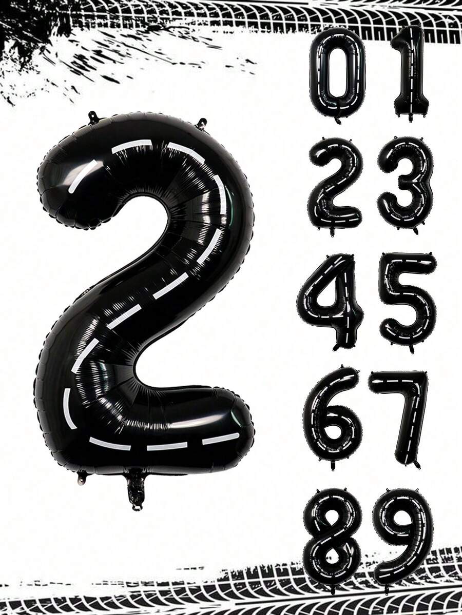 1pc-40 Inch Racing Black Number Balloon, Racing Theme Line Number Foil Balloon, Suitable For Birthday, Transportation Theme Party, Boys Birthday, Game Theme Decoration, Racing Theme Decoration - Multicolor - View 1