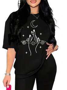 Women's Crew Neck T-Shirt With Decorative Print, Made Of 100% Fabric With A Weight Of 220g. It Is Casual, Comfortable, Machine Washable, Suitable For All Seasons, Perfect For Everyday Wear, Includes A Funny Quote-X. - Black - View 2