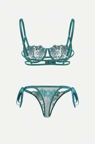 2pcs Sky Blue Embroidered Lace-Up Women's Lingerie Set - Dark Green - View 1
