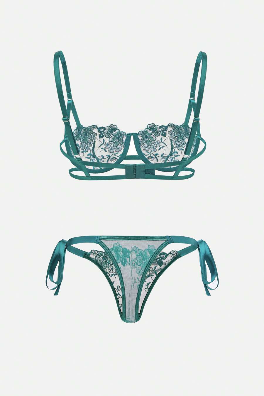 2pcs Sky Blue Embroidered Lace-Up Women's Lingerie Set - Dark Green - View 1