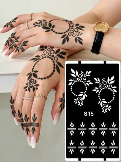 Hana Hand-Drawn Hollow Floral Tattoo Stencil - Sexy Floral Pattern, Suitable For Hands, DIY Painting, Ink, Reusable Mandala Design Template Sticker, Suitable For Women Body Party Makeup