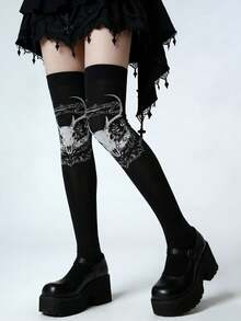 1 Pair Gothic Style Black & White Ripped Mesh Thigh High Socks, Hollow Out Over-The-Knee High Stockings - Black - View 12