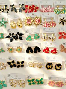 12 pares de pendientes de acero inoxidable/Pendientes de arcilla teñida a mano con frutas, plantas, dibujos animados, de gran tamaño, juego de pendientes de goma, hechos a mano, adecuados para uso diario, pendientes hipoalergénicos, regalo perfecto para fiestas (con tarjeta) - Multicolor - Ver 4