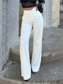 Pantalones rectos negros elegantes y casuales para mujer, pantalones de verano con cintura asimétrica en V para acentuar las curvas, adecuados para la escuela, el uso diario, el trabajo, las citas y las vacaciones de primavera - Blanco - Ver 2