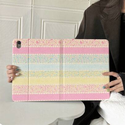 1 chiếc ốp lưng máy tính bảng in họa tiết hoa sọc cầu vồng pastel kiểu sách lật - Có chân đế đa góc và ngăn đựng bút, tương thích với iPad/Galaxy Tab S10+/S9/A29, Oppo Pad, .
