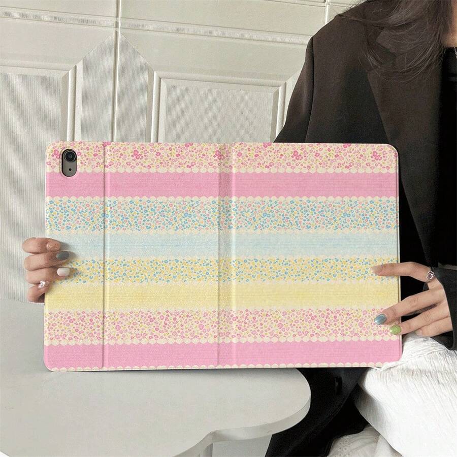 1 chiếc ốp lưng máy tính bảng in họa tiết hoa sọc cầu vồng pastel kiểu sách lật - Có chân đế đa góc và ngăn đựng bút, tương thích với iPad/Galaxy Tab S10+/S9/A29, Oppo Pad, . - Nhiều màu - Xem 1