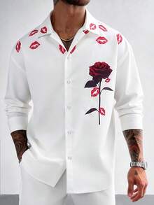 男士花卉唇印长袖单排扣休闲衬衫 - 白色 - 查看 3