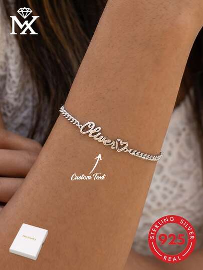 1pc 925 Sterling Silver Elegant Heart-Shaped Bracelet, Customizable With English Name, Suitable As Mother's Day, Valentine's Day Gift For Friends And Family, Full Of Surprises