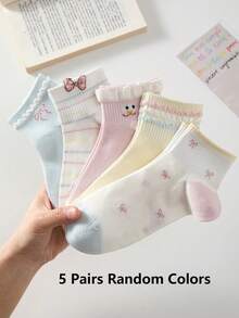 5 paires de chaussettes courtes pour femmes avec nœud et motifs d'expressions mignons, respirantes et antidérapantes, convenant pour le printemps et l'été - Multicolore - Voir 10