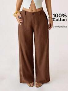 PETITE Pantalones rectos de cintura baja de 100% algodón lavado, pantalones de lino para mujer, pantalones de verano, pantalones anchos de mujer, pantalones de verano, otoño y ropa de otoño para mujer - Marrón - Ver 4