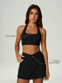 UONNOU 2pcs Tennis Sports Set, Camisole Sports Bra And V-Waist Design Skirt, Suitable For Fitness And Golf - Black - View 3