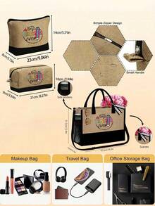 Cosmetic Bag Set, Mastra Letter Pattern Design, Reusable Shopping Tote Bag And Cosmetic Bag, Tote Bag And Cosmetic Bag With Shoulder Strap, Personalized Gift Bag With Side Pockets, Beach Bag With Scarf, Holiday Gift Bag Graduation Gift Friend Birthday Teacher Gift, Perfect For Vacation And Holidays, Suitable For Daily Use, Birthday, Holiday, Back To School, Beach, Travel, Work, Picnic, Camping - Multicolor - View 8