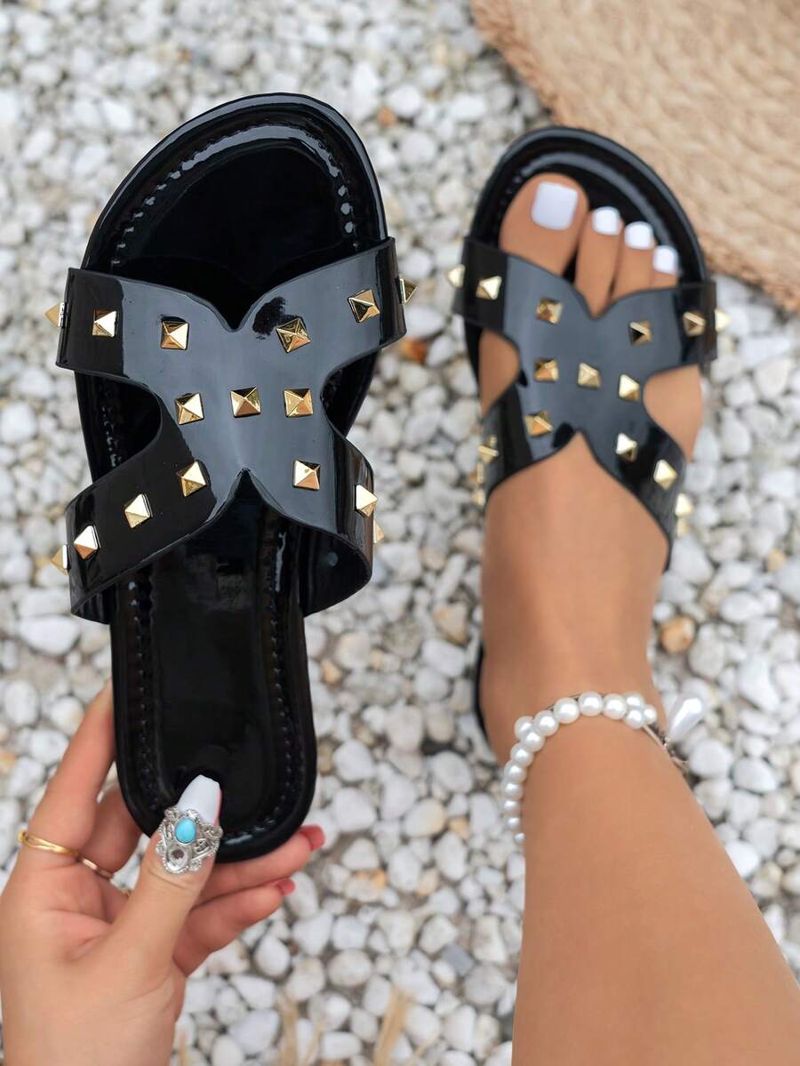 Sandal Datar Rivet, Sandal Selop Kasual Minimalis Serbaguna, Sandal Terbuka Nyaman untuk Musim Panas - Hitam - View 1