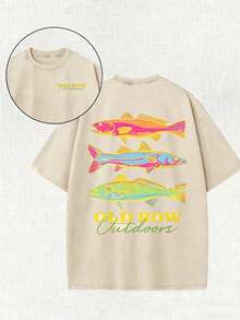Men's Casual Summer Washed Cotton T-Shirt [Old Row Outdoor] Fish Print, Round Neck, Short Sleeves, Lightweight Cotton Knitted Fabric, Casual Summer Ro - 杏色 - 查看 1