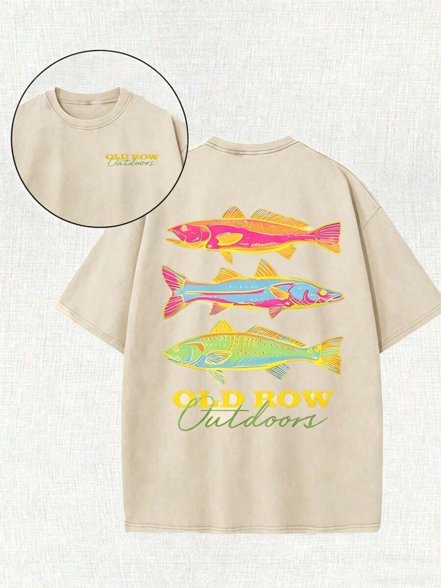 Men's Casual Summer Washed Cotton T-Shirt [Old Row Outdoor] Fish Print, Round Neck, Short Sleeves, Lightweight Cotton Knitted Fabric, Casual Summer Ro - 杏色 - 查看 1