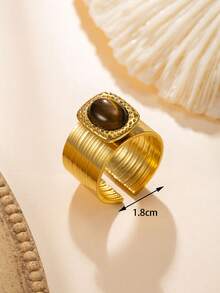 4/6/8pcs 18K Gold Plated Stainless Steel Rings Set With Natural Tiger Eye Stone, Assorted Patterns, High Quality Jewelry For Women Daily Wear Or Gift - Yellow Gold - View 9