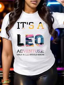1 Piece Women's Leo Zodiac Sign T-Shirt - Vibrant Leo Lettering And Astrology Symbol Print, Casual Summer Top With Shiny Crew Neck, Comfortable Fit For All Seasons, Perfect Birthday Gift For Leo Women (July 23 - August 22) - Playful Graphic Tee With Bold "IT'S A LEO ADVENTURE" Design, Geometric Color Block Pattern, Machine Washable, Stylish And Fashionable Astrology Clothing-X - White - View 7