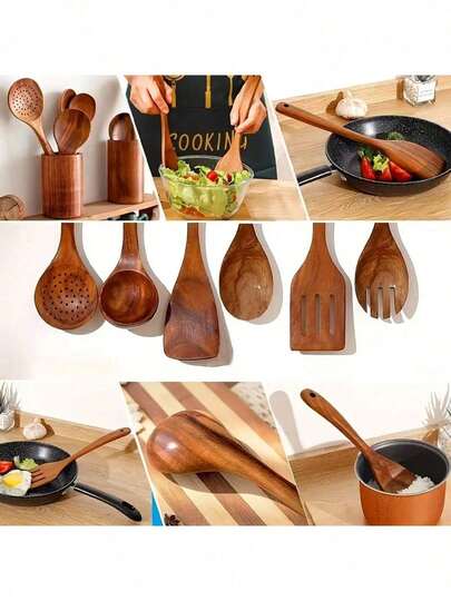 Bộ dụng cụ nhà bếp 8/7/1 món bằng gỗ đàn hương - Bao gồm thìa, muỗng xới, thìa thép - Dụng cụ nấu ăn, bộ đồ dùng chống dính, quà tặng ngày lễ lý tưởng, bộ giá đỡ thìa và muỗng xới, thích hợp cho các buổi họp mặt gia đình và tiệc tùng, chất liệu gỗ đàn hương, phong cách sống cao cấp, chất lượng tuyệt vời (Làm thủ công, sự khác biệt về màu sắc là bình thường)