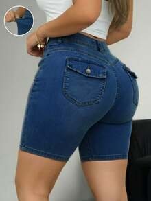 Comfortable Casual Slim Fit Mid-Waist Denim Shorts, Plus Size Design With Pockets, Distressed Wash, Suitable For Spring/Summer - Dark Wash - View 8