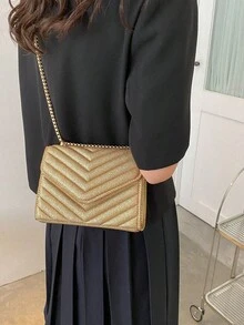 女士纯色珍珠链条包，新款小众设计网红时尚链条单肩斜挎包，ins风百搭小方包，高光泽压纹纯色迷你链条单肩包 - 金色 - 查看 5