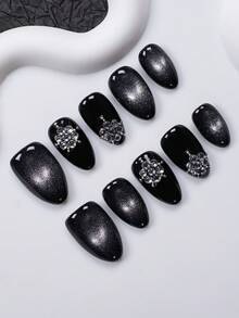 10pcs Handmade Almond-Shaped Nail Stickers, Chic Starry Pointed Nail Stickers, Black Ombre Shimmering Metallic Rhinestone Decor, Exquisite Craftsmanship, Luxurious Dark Allure Style, Suitable For All Seasons, Perfect For Daily Wear, Parties, Dates, Nightclubs, An Ideal Gift For Women Press On Nails - Black - View 1