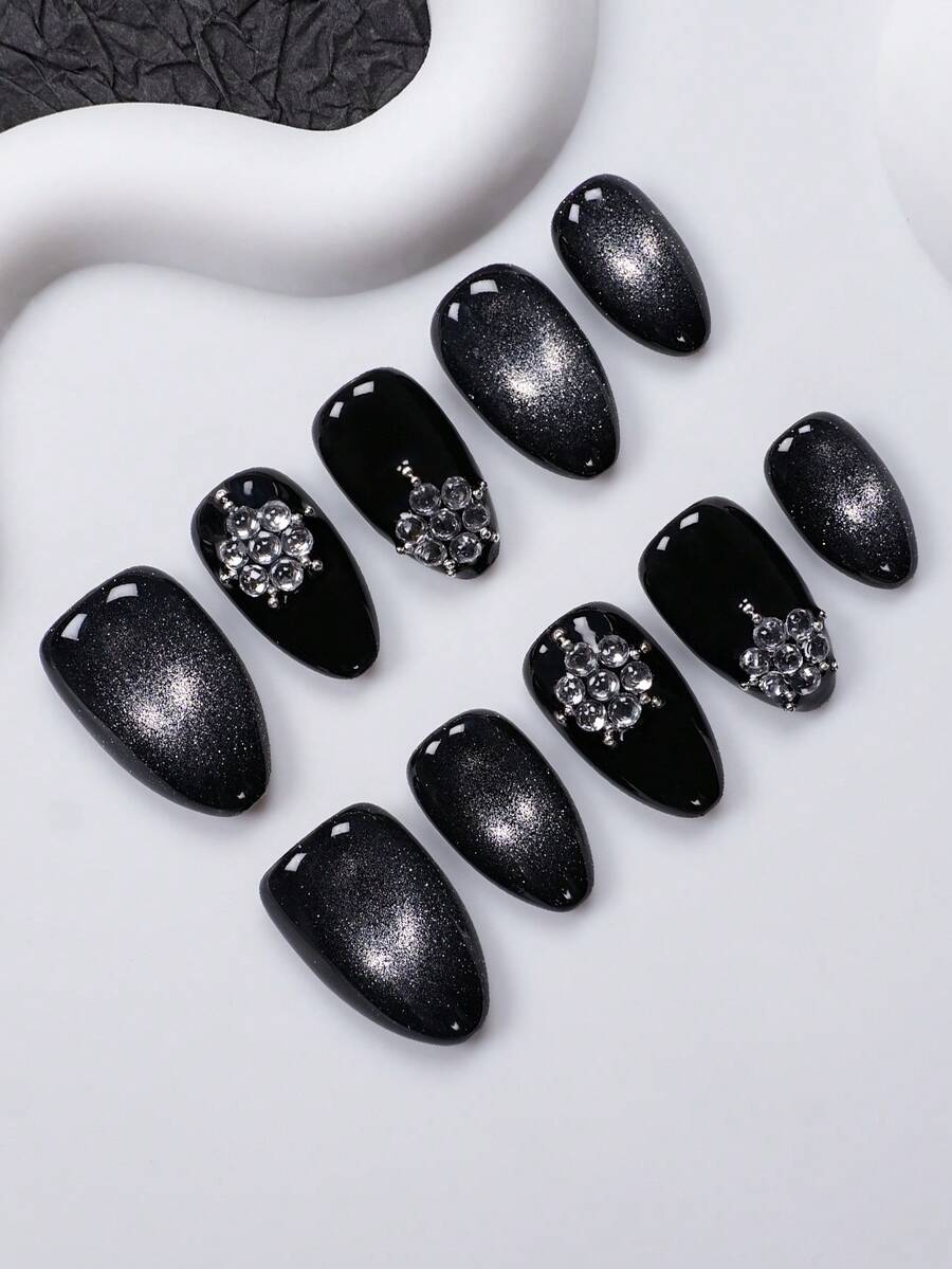 10pcs Handmade Almond-Shaped Nail Stickers, Chic Starry Pointed Nail Stickers, Black Ombre Shimmering Metallic Rhinestone Decor, Exquisite Craftsmanship, Luxurious Dark Allure Style, Suitable For All Seasons, Perfect For Daily Wear, Parties, Dates, Nightclubs, An Ideal Gift For Women Press On Nails - Black - View 1