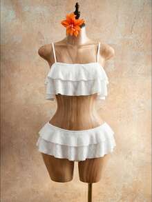 Mistrie Summer Beach Textured Bikini Set Ruffle Layered Cami Top & Ruffle Skirt 2 Pieces Bikini - White - View 1